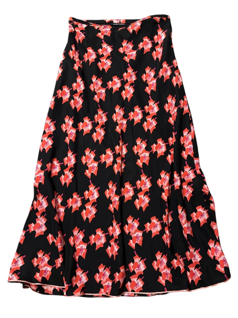 Valerie Stevens SILK Cherry Blossom Print Maxi Skirt Size 10 Black Pink Coral